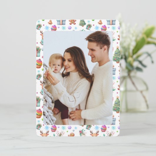 Kleurrijke kerstkaart met feestelijk patroon (Staand voorkant)