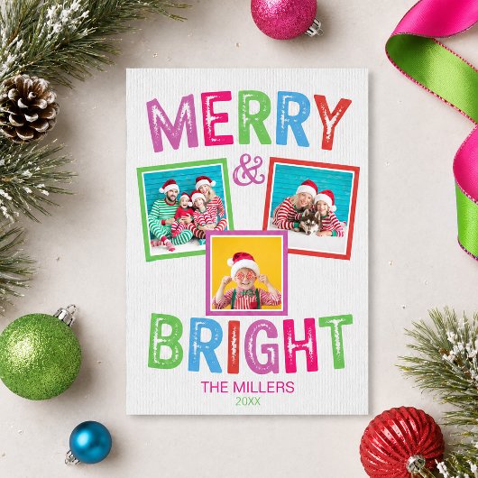 Kleurrijke kerstkaart met foto 'Merry and Bright' Kaart