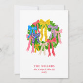 Kleurrijke Kerstkrans Leuke Strikken 3 Foto Famili Feestdagenkaart (Voorkant)