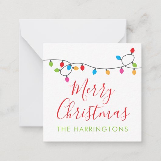 Kleurrijke kerstlampjes met cadeautjes notitiekaartje (Voorkant)