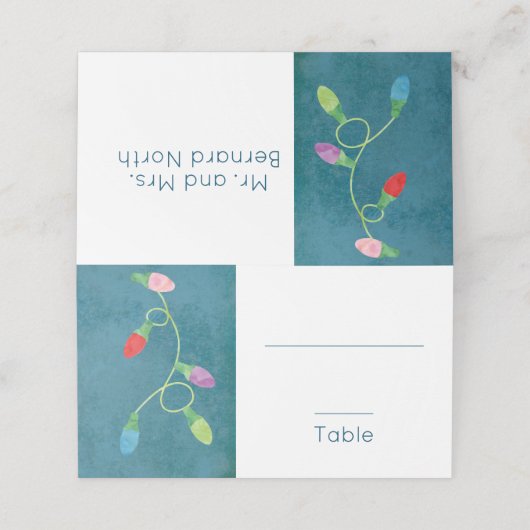 Kleurrijke kerstlichten op blauwe achtergrond plaatskaartje (Buitenkant ongevouwen)