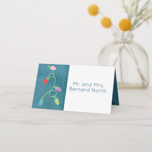 Kleurrijke kerstlichten op blauwe achtergrond plaatskaartje (Achterkant)