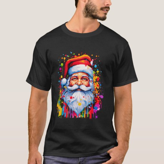 Kleurrijke Kerstman Verf Splatter Kerstboom T-shirt (Voorkant)