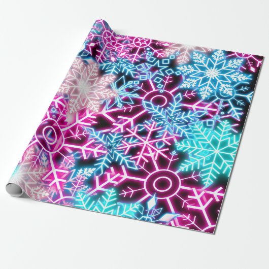 Kleurrijke Kerstmis Neon Snowflakes Patroon Cadeaupapier (Uitgerold)