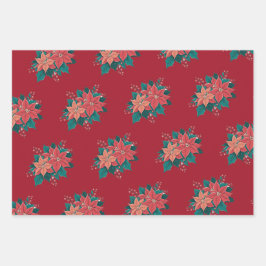 Kleurrijke Kerstmis Poinsettias Gift Wrap Set van  Inpakpapier Vel