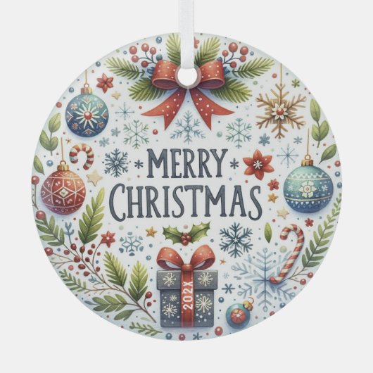 Kleurrijke Kerstmis Symbolen-Vrolijke Kerstmis Tek Glas Ornament (Voorkant)
