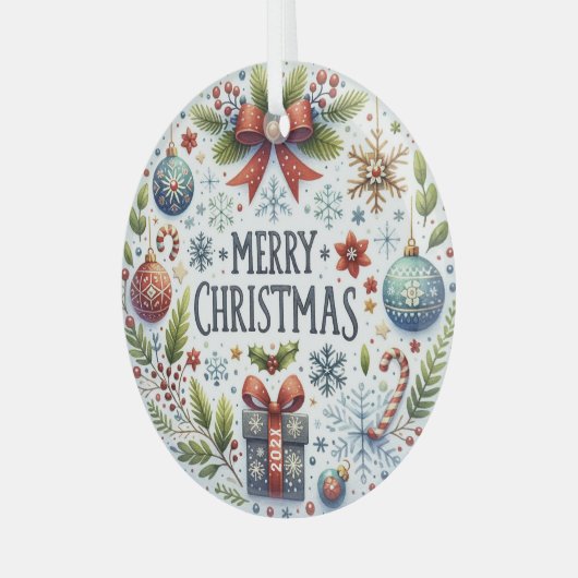 Kleurrijke Kerstmis Symbolen-Vrolijke Kerstmis Tek Glas Ornament (Voorkant links)