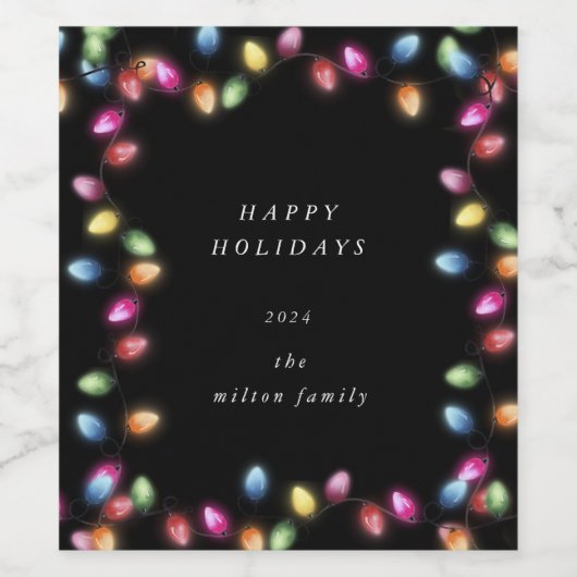 Kleurrijke Kerstmislichten Monogram Wijn Etiket (Enkel label)