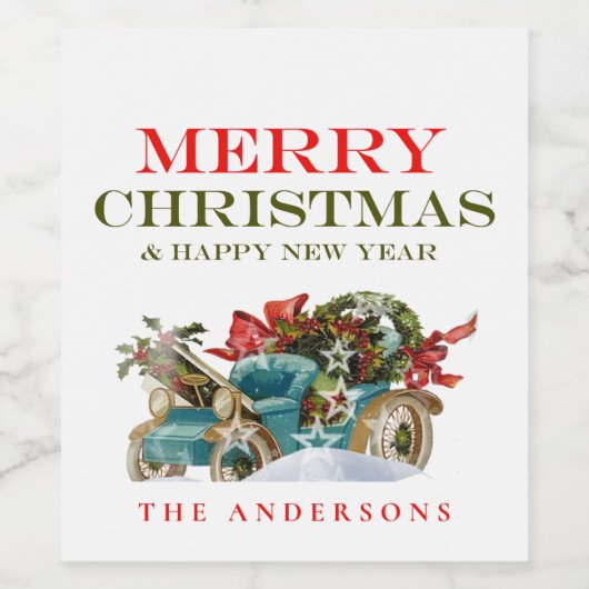 Kleurrijke Kerstnaam Voertuig Vrolijk Kerstfeest Wijn Etiket (Enkel label)