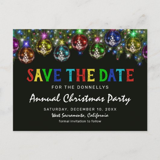 Kleurrijke kerstpartij sparen de datum aankondigingskaart (Voorkant)