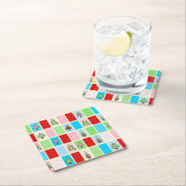 Kleurrijke kerstpleinen kartonnen onderzetters