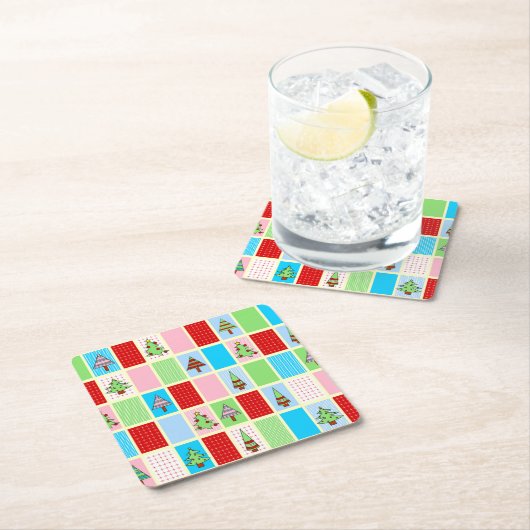 Kleurrijke kerstpleinen kartonnen onderzetters (Insitu)