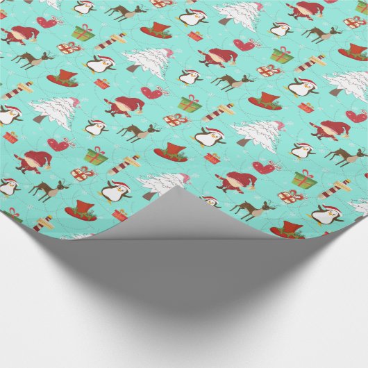 Kleurrijke kerstsymbolen Blauwgroene achtergrond Cadeaupapier (Hoek)