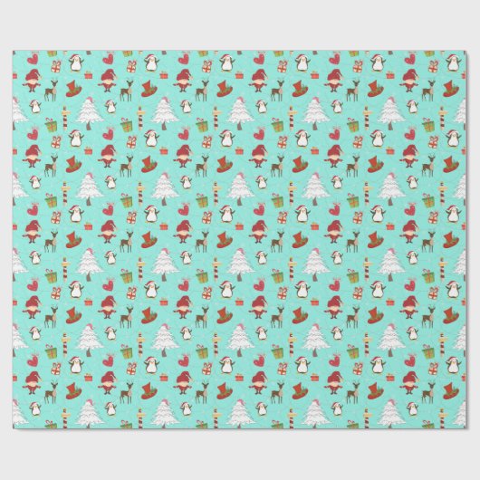 Kleurrijke kerstsymbolen Blauwgroene achtergrond Cadeaupapier (Vlak)