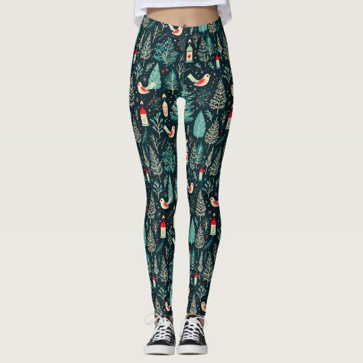 Kleurrijke kerstsymbolen en vogelpatroon leggings (Voorkant)
