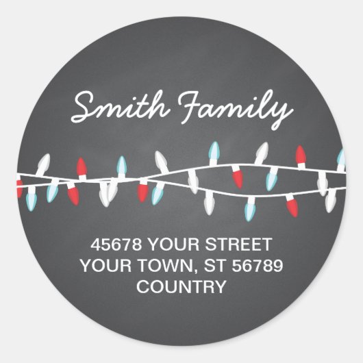 Kleurrijke Kerstverlichting Adreslabel Ronde Sticker (Voorkant)