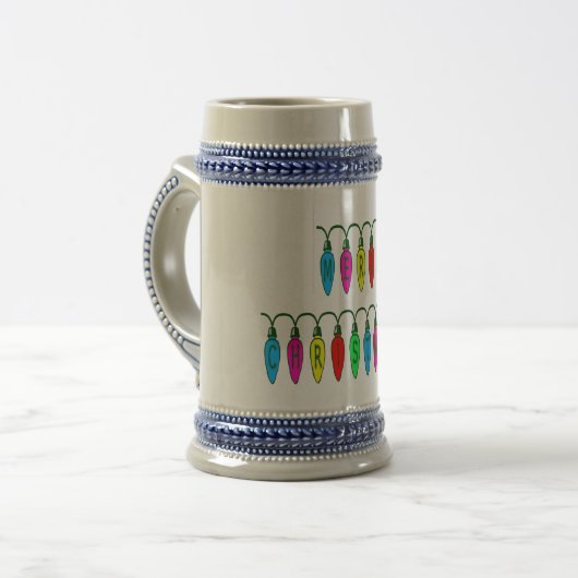 Kleurrijke kerstverlichting lettertype bierpul (Voorkant links)