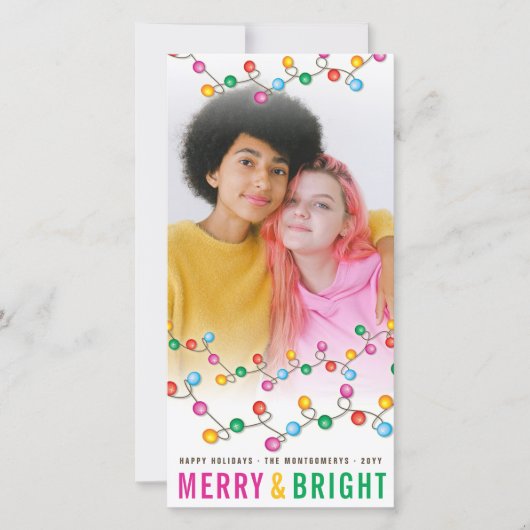 Kleurrijke kerstverlichting Merry & Bright Fun Fot Feestdagenkaart (Voorkant)