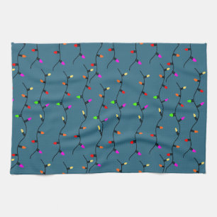Kleurrijke Kerstverlichting Op Blauwe Achtergrond Theedoek