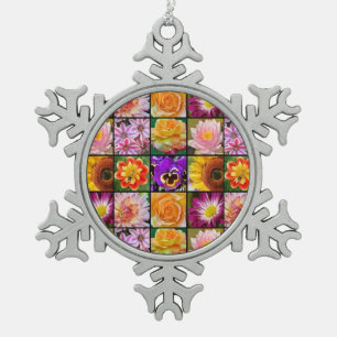 Kleurrijke kerstversiering met bloemen, collage ke tin sneeuwvlok ornament