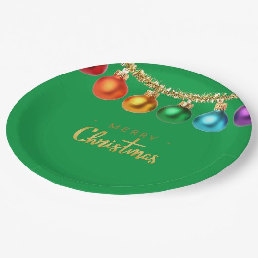 Kleurrijke kerstversieringen, vrolijk kerstfeest; papieren bordje (Gekanteld)