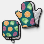 Kleurrijke Keuken Fruit & Veggie Ovenwant & Pannenlap Set (Voorkant / Achterkant)