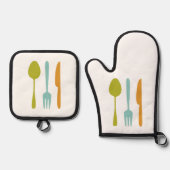 Kleurrijke keukengerei Retro Mid Century Ovenwant & Pannenlap Set (Voorkant)