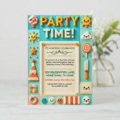 Kleurrijke Kids Verjaardagsfeestuitnodiging Kaart (Staand voorkant)