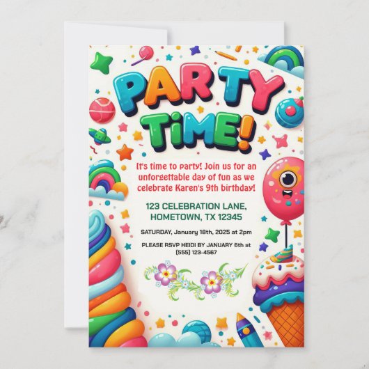Kleurrijke Kids Verjaardagsfeestuitnodiging Kaart (Voorkant)