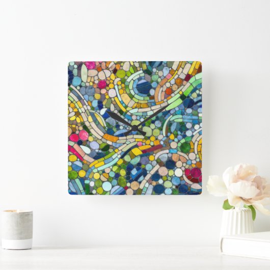Kleurrijke kiezelstenen mozaïek kunst vierkante klok (Huis)
