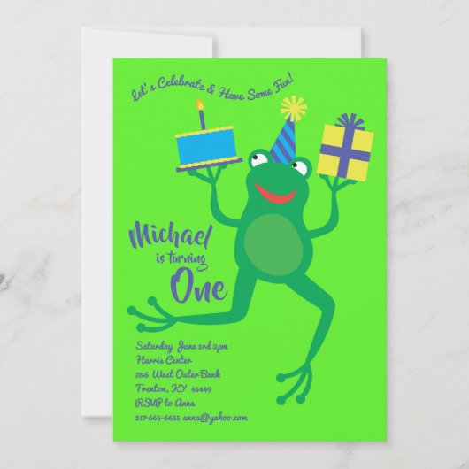Kleurrijke kikker 1e verjaardag uitnodigingen (Voorkant)