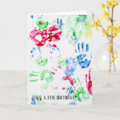 Kleurrijke kind handafdruk op wit kaart (Gele Bloem)