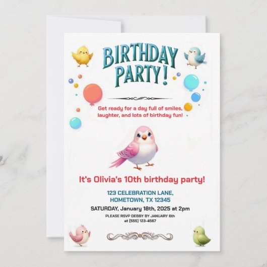 Kleurrijke Kinder Feathered Friends Verjaardagsfee Kaart (Voorkant)
