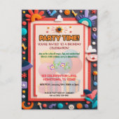 Kleurrijke kinder-feestverjaardagsuitnodiging van  briefkaart (Voorkant)