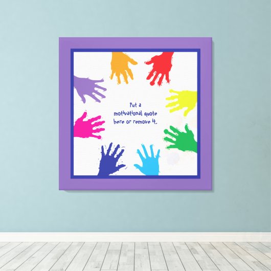 Kleurrijke kinder handafdrukken - blauw & paarse r canvas afdruk (Insitu (Houten vloer))