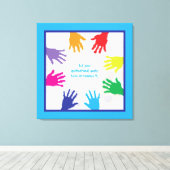 Kleurrijke kinder handafdrukken met blauwe randen canvas afdruk (Insitu (Houten vloer))
