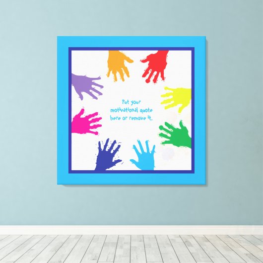 Kleurrijke kinder handafdrukken met blauwe randen canvas afdruk (Insitu (Houten vloer))