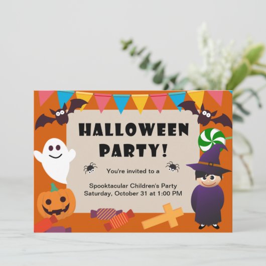 Kleurrijke Kinder kostuum Halloween Party Invitati Kaart (Staand voorkant)