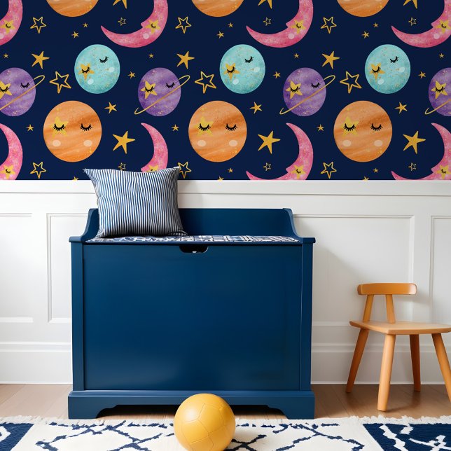 Kleurrijke Kinder Waterverf Ruimteplaneten Star &  Behang (Colorful Kids Watercolor Space Planets Star & Moon Wallpaper)
