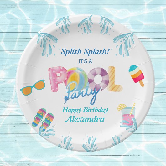 Kleurrijke Kinder Zwembad Verjaardagsfeestje Papieren Bordje
