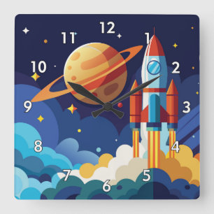 Kleurrijke Kinderen Spaceman Spaceship Cartoon Vierkante Klok