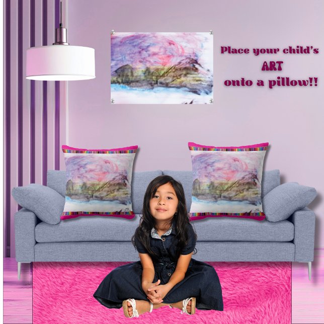 Kleurrijke kinderkunstwerk Mountain Lake bij zonso Kussen (Upload your child's beautiful artwork onto this template pillow. Personalize name, date, and color)