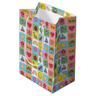 Kleurrijke kinderpictogrammen patchworkcadeautas medium cadeauzakje