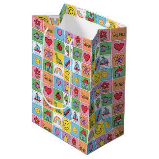 Kleurrijke kinderpictogrammen patchworkcadeautas medium cadeauzakje