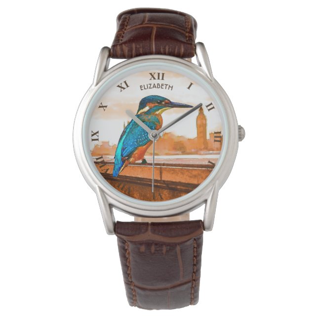 Kleurrijke Kingfisher-vogel met London Skyline Horloge (Voorkant)