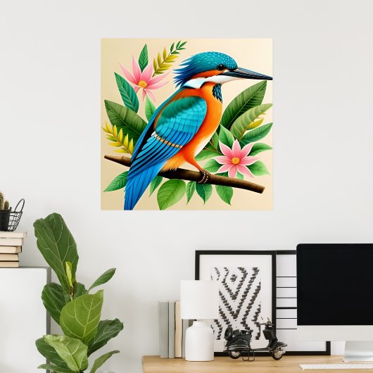 Kleurrijke Kingfisher vogel neergestreken op tak Poster (Thuiskantoor)