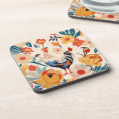 Kleurrijke kip bloemenachtergrond bier onderzetter (Linkerzijde)