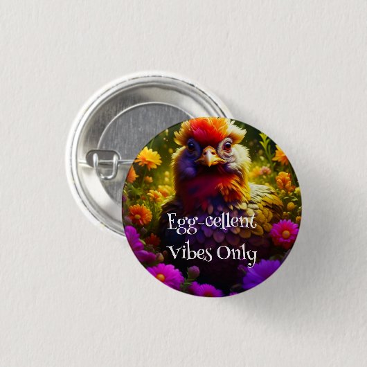 Kleurrijke kip in bloementuin ronde button 3,2 cm (Voorkant /achterkant)