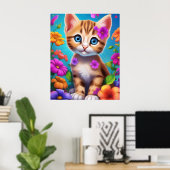 Kleurrijke Kitten en Bloemen Kindermuurposter Poster (Thuiskantoor)