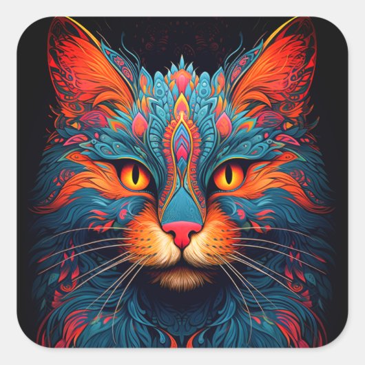 Kleurrijke kitty kat dier psychedelische fantasy k vierkante sticker (Voorkant)